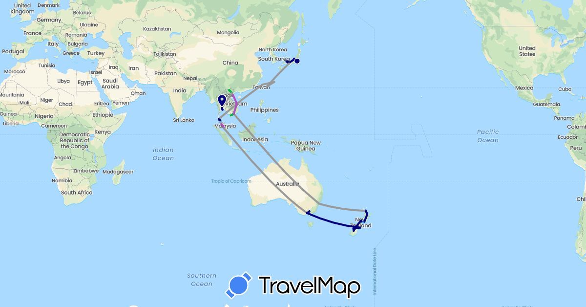 TravelMap itinerary: driving, bus, plane, train, boat in Australia, Japan, Malaysia, New Zealand, Thailand, Taiwan, Vietnam (Asia, Oceania)